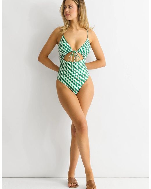Gini London Blue Wave Print Tie Front Swimsuit