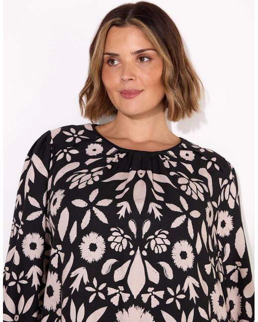 Live Unlimited London Black Graphic Floral Placement Blouse