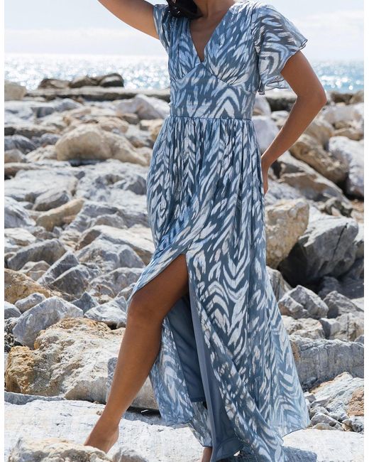 Gini London Blue Flowy Abstract Print Slit Maxi Dress