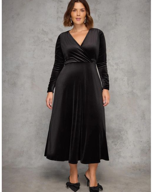 Live Unlimited London Black Velvet Long Sleeve Wrap Dress