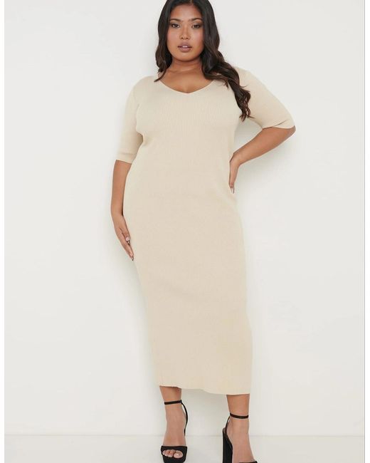 Pretty Lavish Natural Lara Ribbed Midi Dress