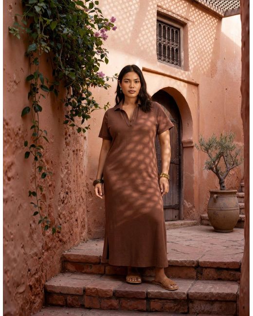 Live Unlimited London Brown Chocolate Slub Jersey Polo Collared Midi Dress