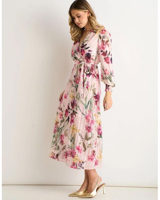Gini London Pink Floral Print Sparkle Chiffon Wrap Midi Dress