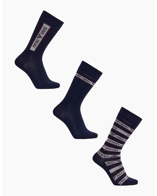 Emporio Armani Blue 3 Pack Sock Set 2 Plain 1 Logo for men