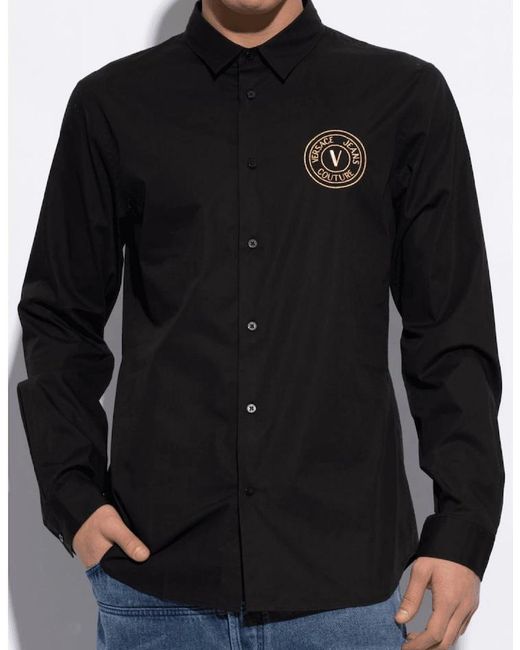 Versace Black Cotton Printed V-Emblem Logo/ Shirt for men