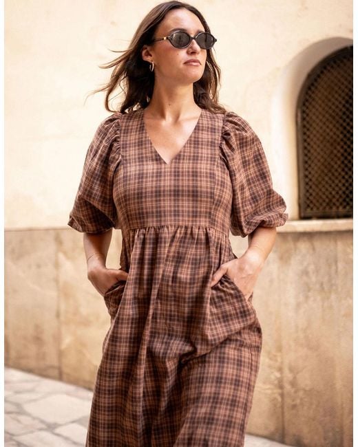 Gini London Brown Cotton Puff Sleeves V Neck Midi Dress