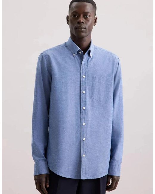 Seidensticker Blue Regular Fit Button Down Linen Blend Chambray Shirt Mid for men