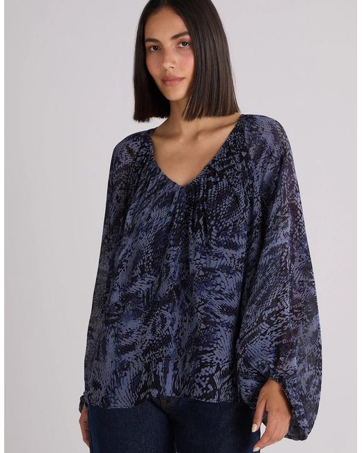 Ro&zo Blue Voluminous Animal Blouson Sleeve Blouse