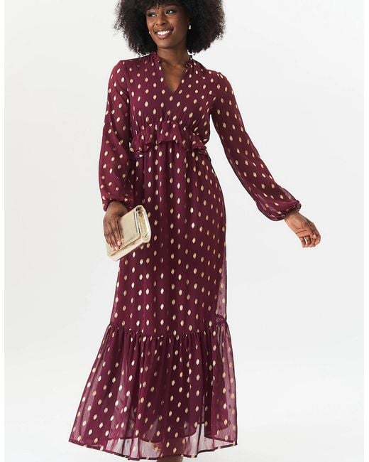 Gini London Purple Burgundy Foil Print Ruffle Midi Dress