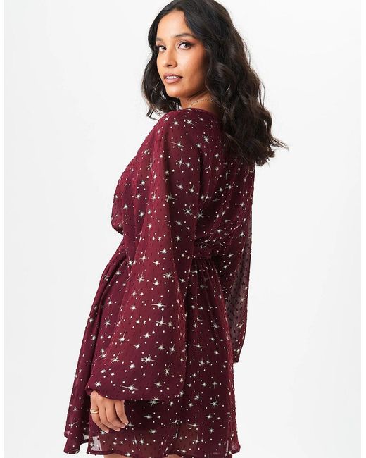 Gini London Red Burgundy Star Print Long Sleeve Mini Dress