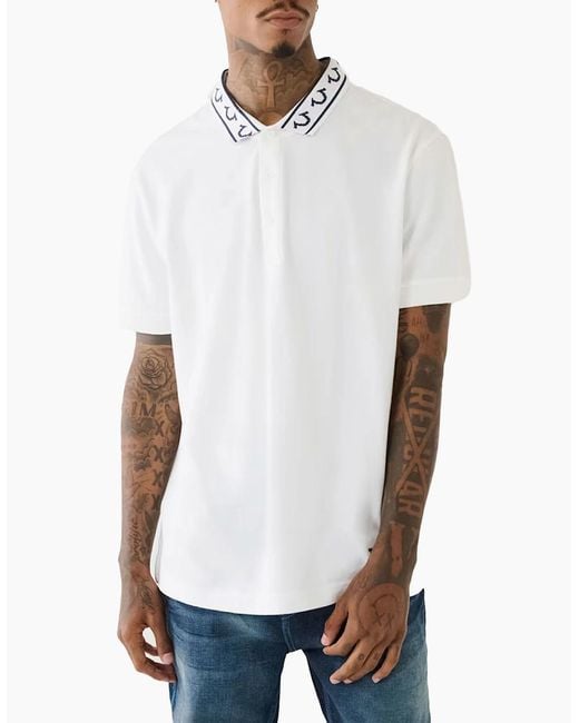 True Religion White Polo Shirt Relaxed Fit Branded Collar Ss Pique Polo Shirts for men
