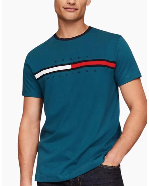 Tommy Hilfiger Blue T Shirts Crew Neck Signature Stripe Summer Cotton Tino Tee for men