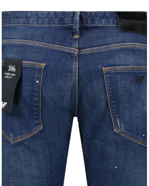Emporio Armani Blue J06 Slim Fit 5 Pocket Paint Splatter Jeans for men