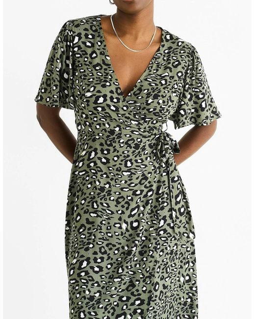 Gini London Green Khaki Animal Print Viscose Wrap Midi Dress
