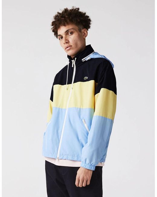 Lacoste Blue Concealed Hood Water-Resistant Colour-Block Jacket for men