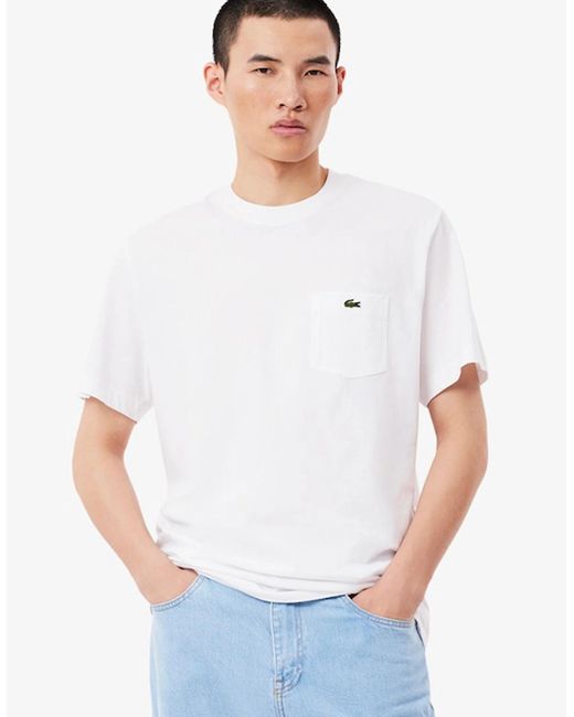 Lacoste White Cotton T-Shirt With Breast Pocket for men