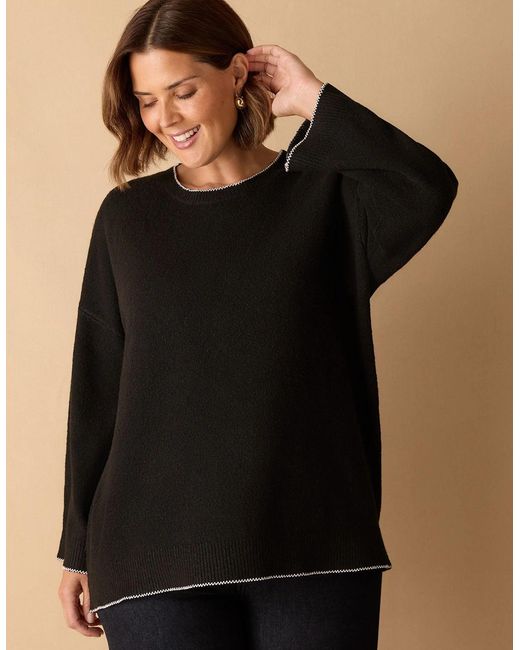 Live Unlimited London Black Crew Neck Contrast Stitch Knit Jumper