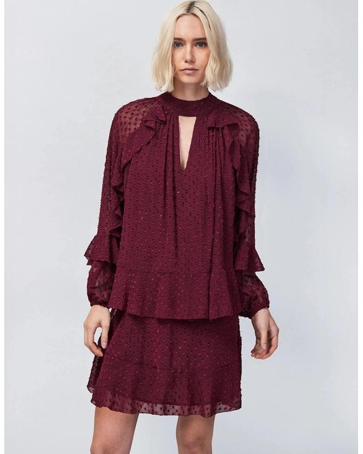 Ro&zo Red Burgundy Dobby Ruffle Short Dress