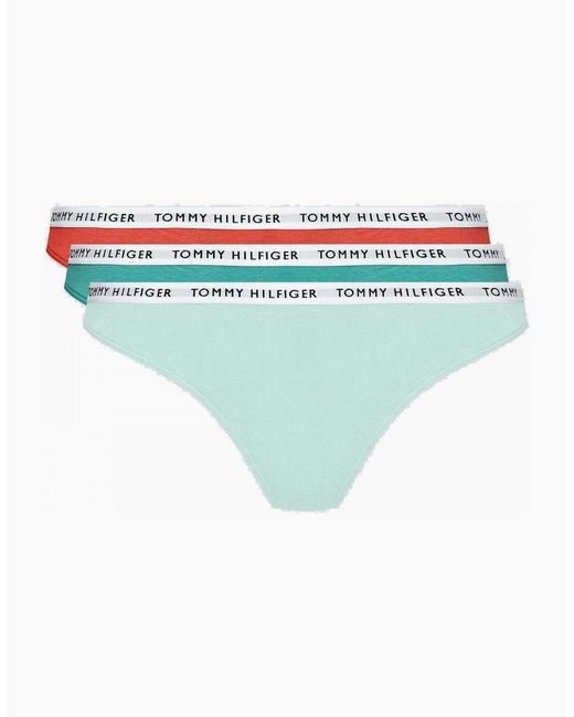 Tommy Hilfiger Blue Cotton 3-Pack Thong, Cranberry/Aqua/Saltwater