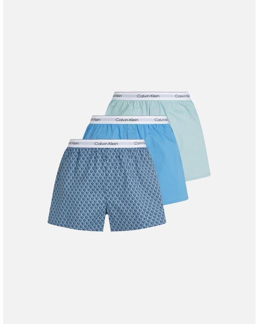 Calvin Klein Blue 3-Pack Icon Cotton Stretch Slim Boxer Shorts, Glacier/Vintage/Sterling for men