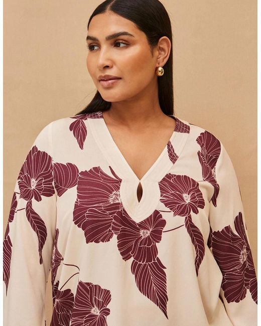 Live Unlimited London Pink Burgundy Floral Print Keyhole Blouse