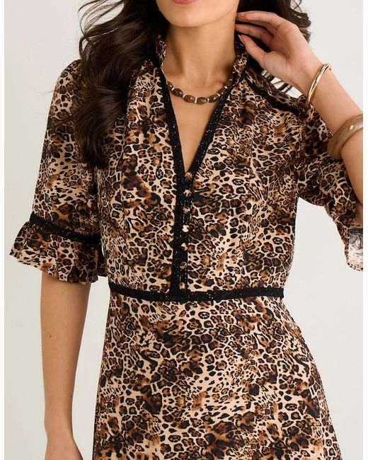 Gini London Brown Animal Print Lace Trim Tiered Midi Dress