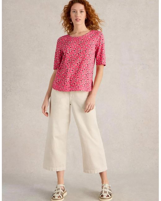 White Stuff Pink Weaver Jersey Tee Coral Print