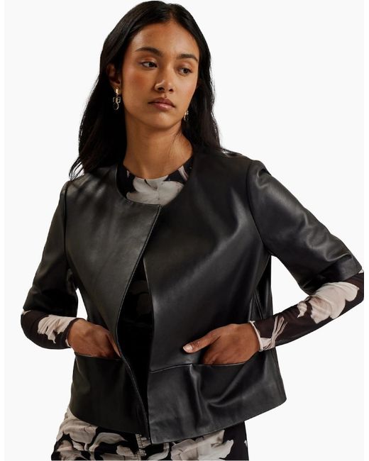 Ted Baker Black Obino Short Sleeve Leather Open Front Jacket