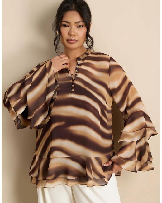 Live Unlimited London Brown Abstract Print Ruffle Blouse