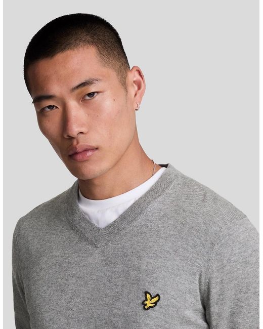 Lyle & Scott Gray Cotton Merino V Neck Jumper for men