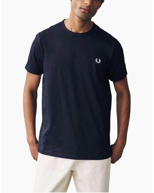 Fred Perry Blue T Shirt Ringer Crew Neck Short Sleeve Summer Tee for men