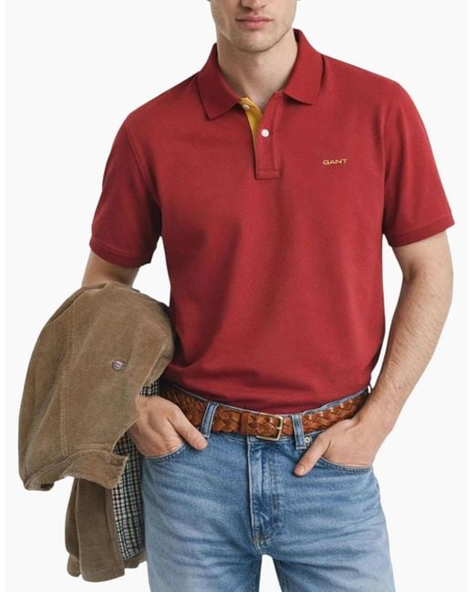 Gant Red Polo Shirt Contrast Short Sleeve Summer Polo Cotton for men