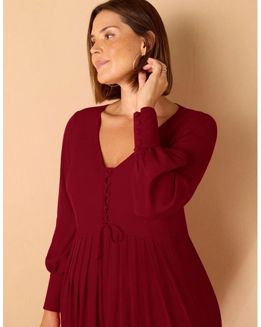 Live Unlimited London Red Dark Lace Up Blouson Sleeve Midi Dress
