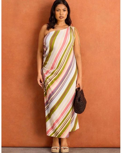 Live Unlimited London Brown Stripe One Shoulder Linen Blend Midaxi Dress