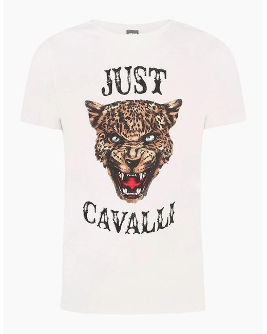 Just Cavalli White S01Gc0419 T-Shirt Tiger Print Short Sleeve Cotton Half for men