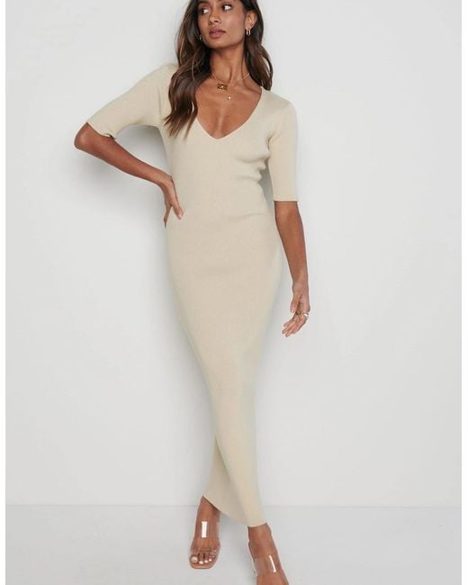 Pretty Lavish Natural Lara Ribbed Midi Dress