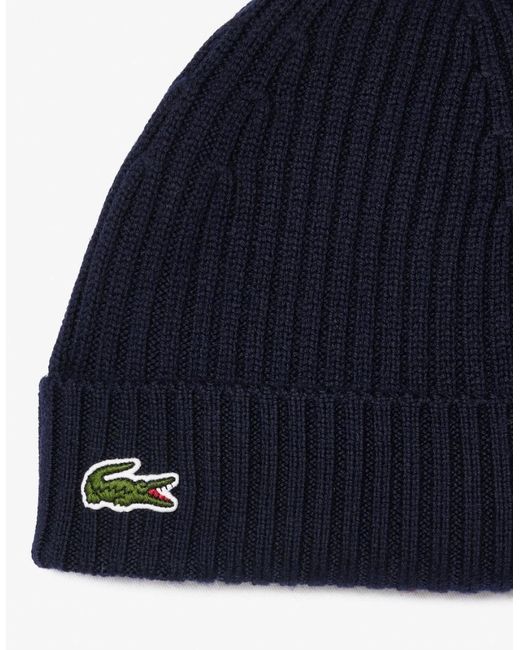 Lacoste Blue Knit Ribbed Beanie Cap for men