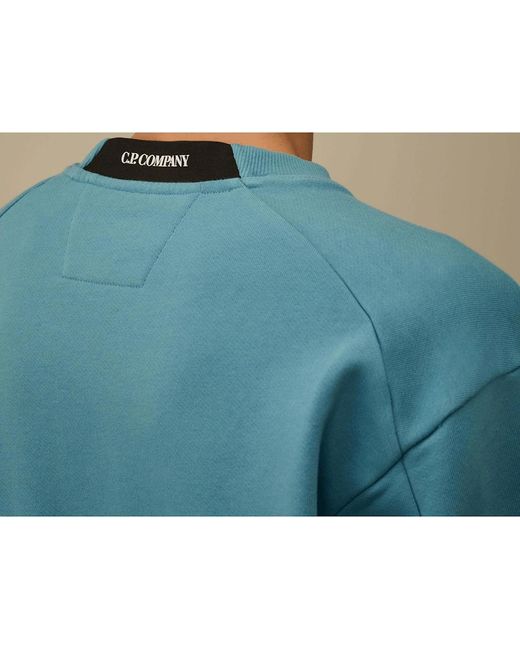C P Company Blue Cotton Lens Logo Crew Neck Turqoise Sweatshirt for men