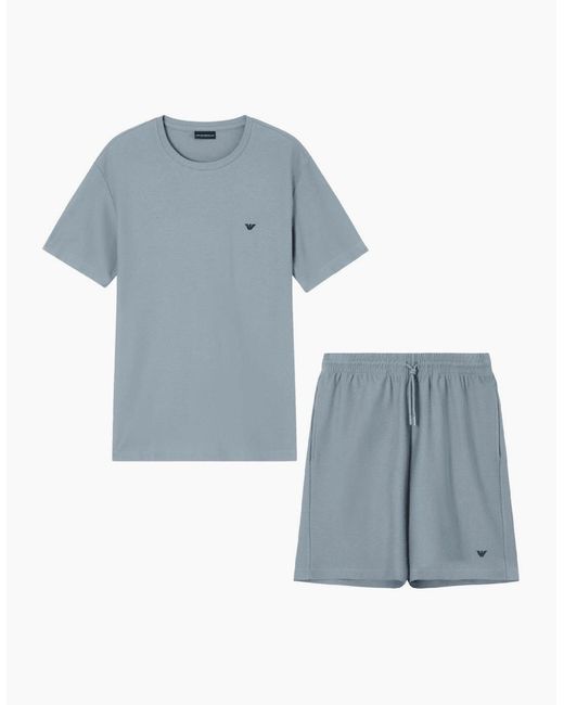 Emporio Armani Blue Cotton Pique Aqua Shorts Set for men