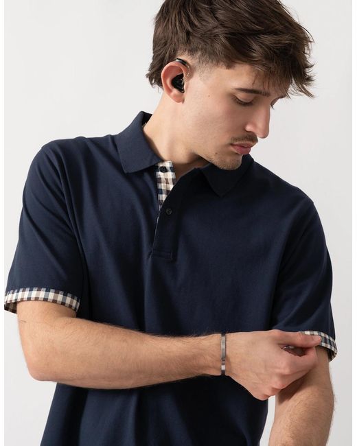 Aquascutum Blue Club Check Stretch Piquet Sleeves Polo Shirt for men