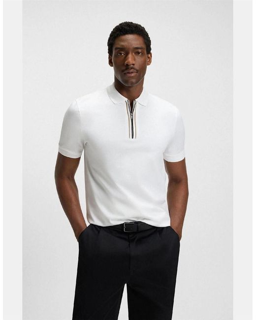 Boss White Paras 65 Zip Placket Polo Shirt for men