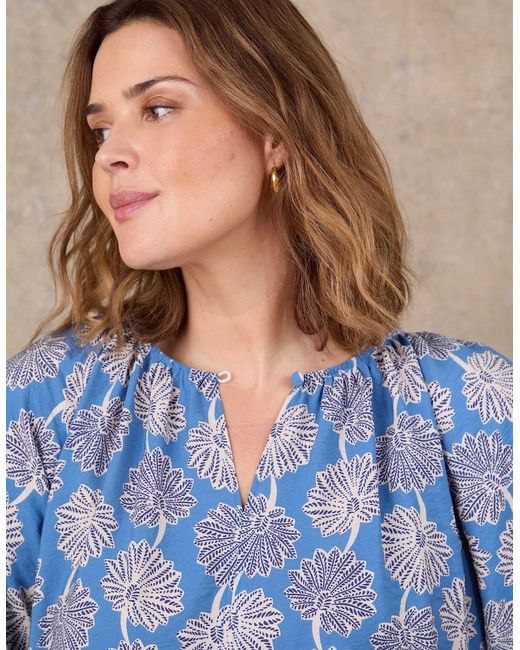 Live Unlimited London Blue Floral Print Raglan Puff Sleeve Blouse