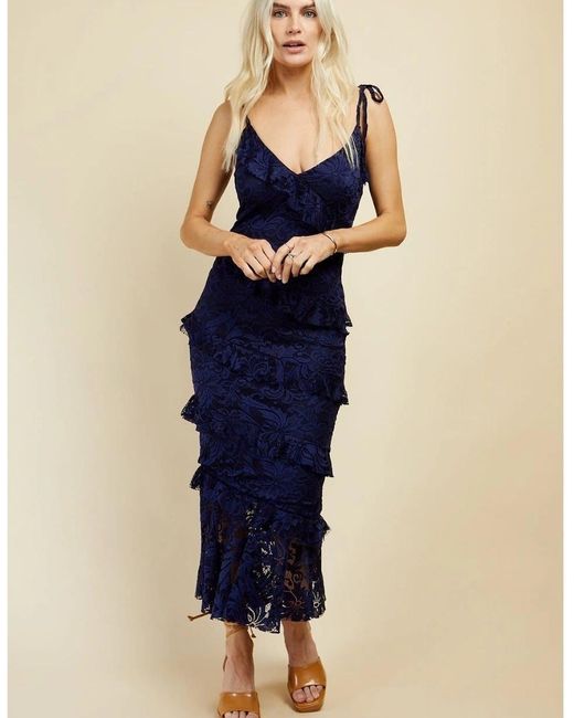 Little Mistress Blue Maxi V-Neck Sleeveless Tiered Dress