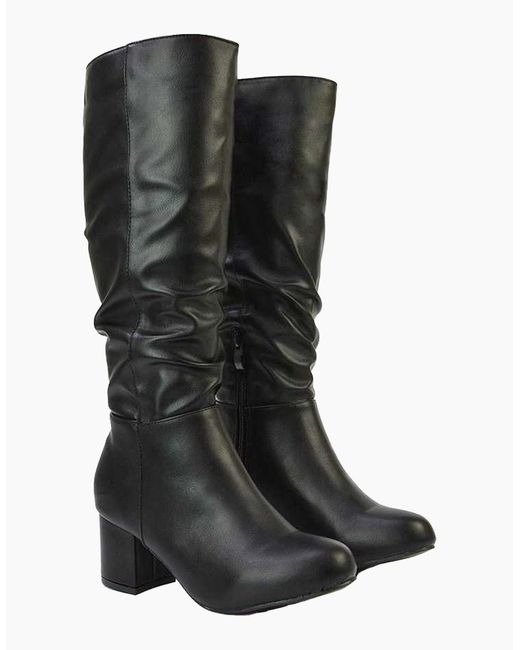 XY London Black Ladies Jackie Ruched Mid Block Heel Knee-High Boots
