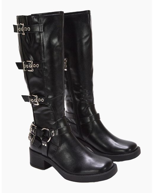 XY London Black Ladies Cobra Square Toe Mid Block Heel Biker Boots