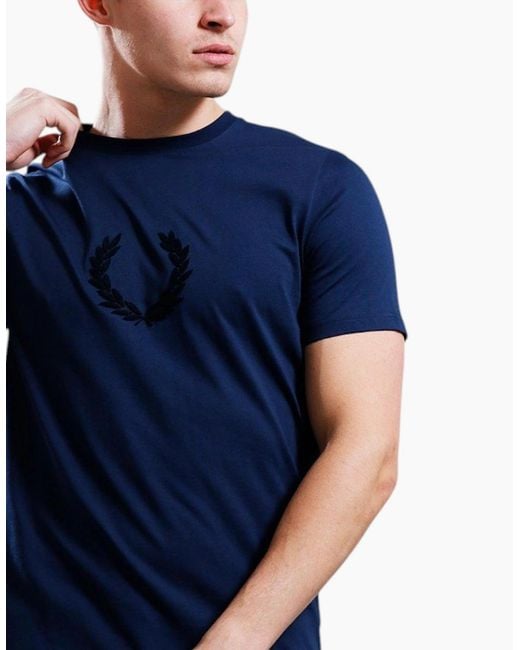 Fred Perry Blue T Shirt Textured Laurel Wreath Logo Crew Neck Short Sleeve Summer Tee for men