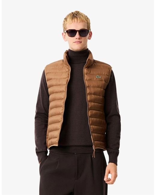 Lacoste Brown Solid Patterned Zipped Pocket Puffer Coat for men