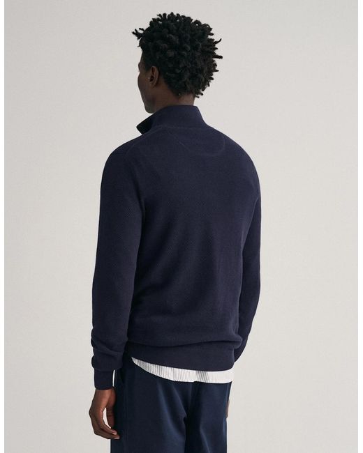 Gant Blue Cotton Pique Half Zip Jumper for men
