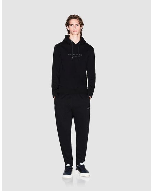 ARMANI EXCHANGE Black Pullover Hoodie With Tonal Milano/New York Logo for men