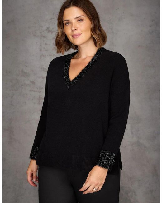 Live Unlimited London Black Sparkle Knit V Neck Jumper